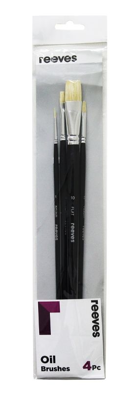 Reeves Oil Colour Brush Set featuring 4 hog bristle brushes with long handles, ideal for versatile oil painting techniques.