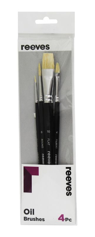 Reeves Oil Colour Brush Set featuring 4 hog bristle brushes with short handles for detailed and broad strokes in painting.