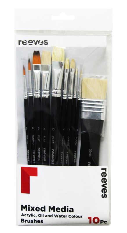 Reeves Mixed Media Brush Set featuring 10 assorted short handle brushes for versatile painting and drawing.