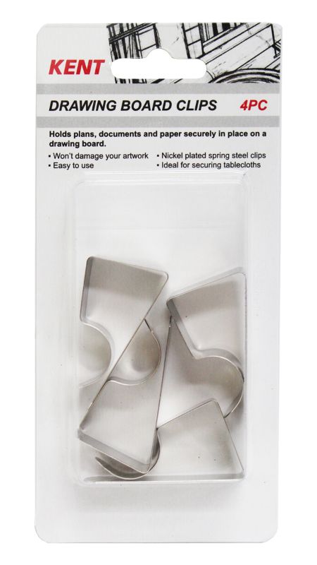 Kent Drawing Board Clips pack of 4, made from durable nickel-plated spring steel, securely hold artwork and documents.