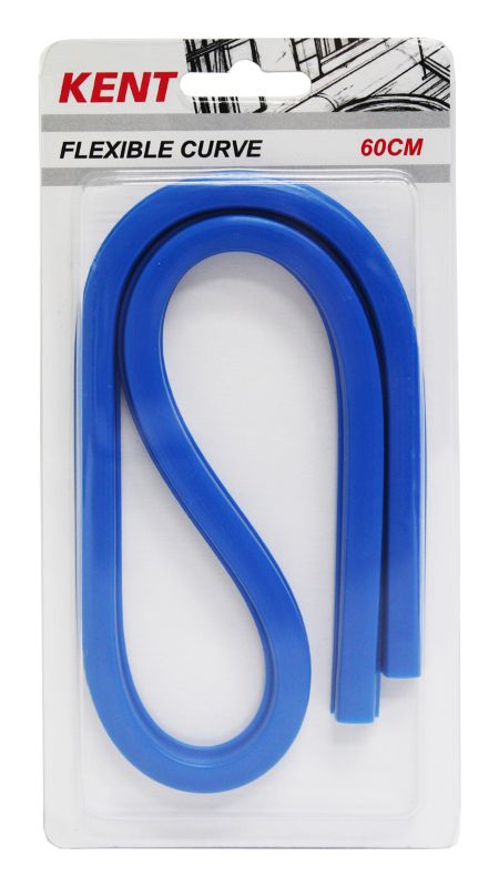 Kent Curve - Flexible Curve (600mm) in transparent blue plastic, features raised inking edge for precise, smooth curves.