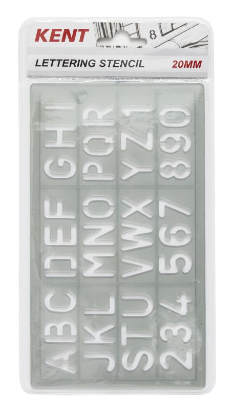 Kent Lettering Stencils in 20mm, crafted from durable plastic for precise tracing of letters and numbers, ideal for crafters.