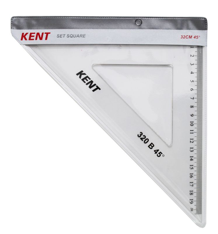 Clear plastic 45-degree set square, 320mm long, ideal for precision in construction and design projects.