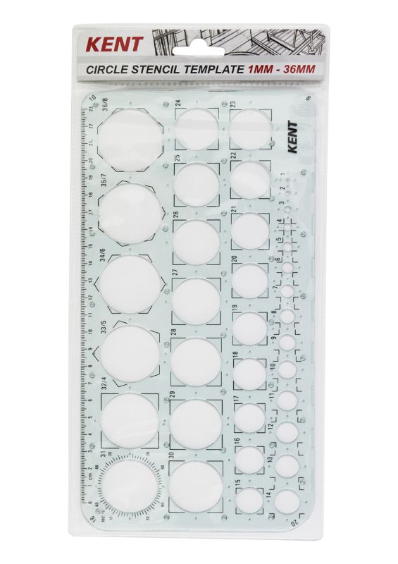 Flexible clear plastic circle templates from 1mm to 36mm, ideal for technical drawing and architectural designs.