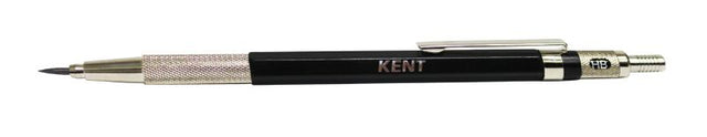 Kent Clutch Pencil with a sleek black barrel, ergonomic grip, pocket clip, and built-in lead sharpener for precise drawing.