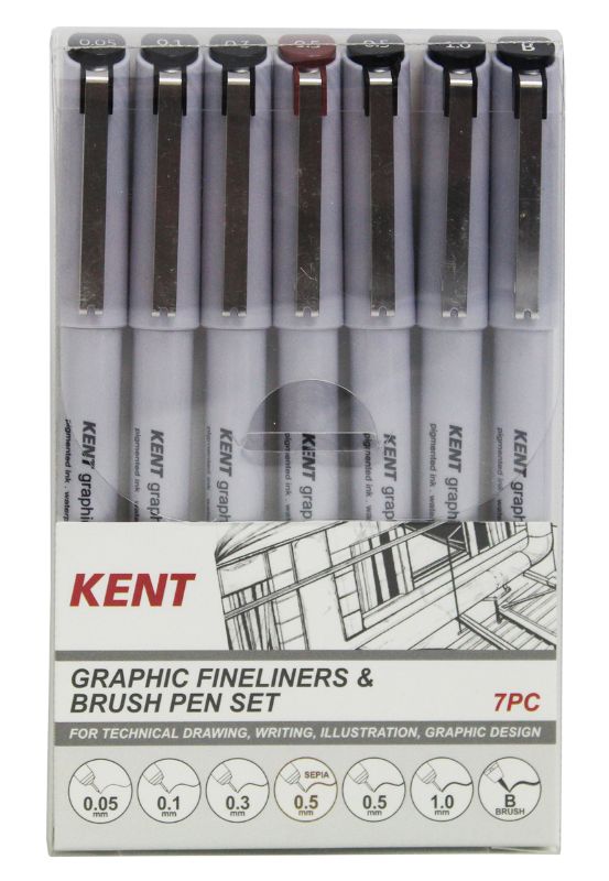 Set of 7 Kent Graphic Pens includes fineliners and a brush pen, ideal for detailed art, sketching, and writing with precision.