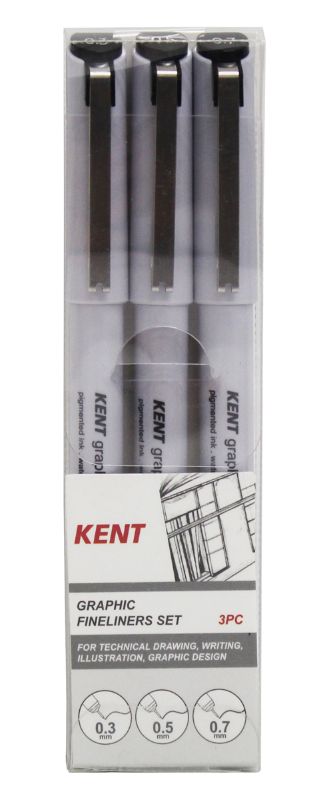 Kent Graphic Pens set featuring 3 precision fineliners (0.3mm, 0.5mm, 0.7mm) with waterproof, lightfast ink for vibrant artwork.