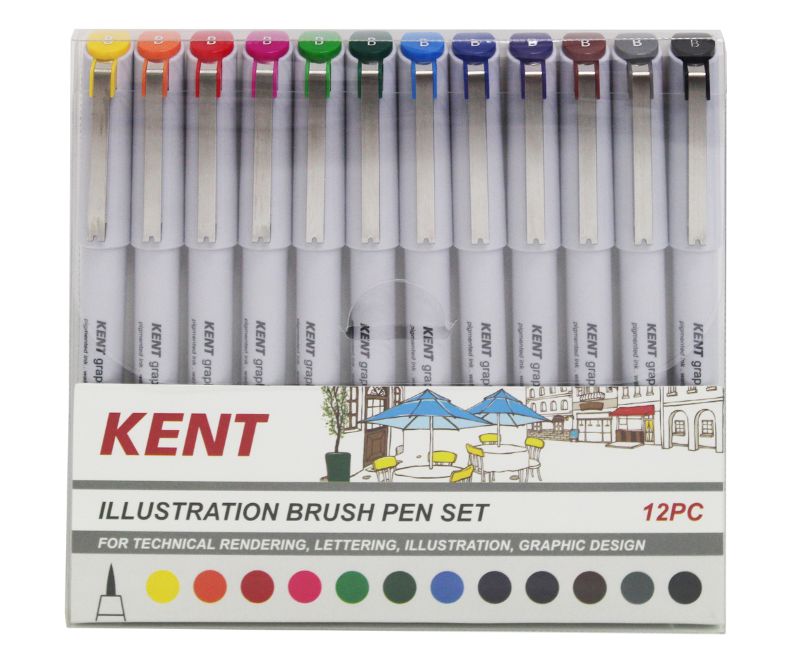 Kent Graphic Pens set of 12 brush pens for vibrant illustration, featuring lightfast, waterproof indelible ink for artists.