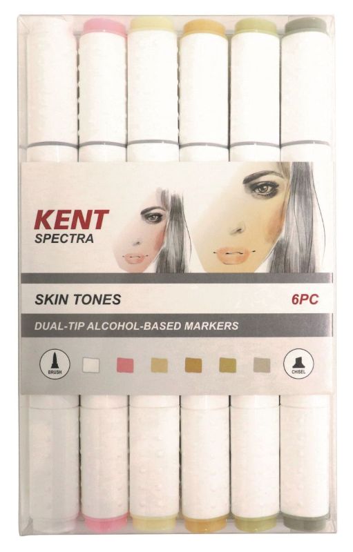 Kent Spectra Graphic Design Marker Set featuring 6 skin tone markers with dual brush and chisel tips for versatile creative use.