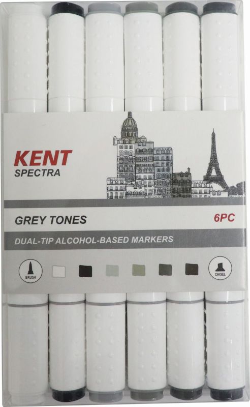 Kent Spectra Graphic Design Marker Set in grey tones, featuring 6 dual-tip alcohol-based markers for artists and designers.