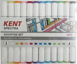 Colorful set of 12 Kent Spectra graphic design markers with dual tips for versatile artistic applications.