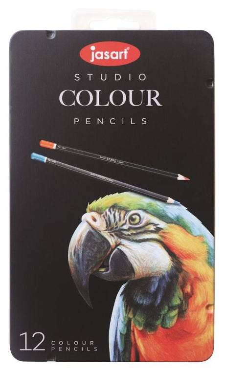 JASART Studio Colour Pencil Tin of 12 with vibrant, smooth colors and break-resistant leads, ideal for artists and students.