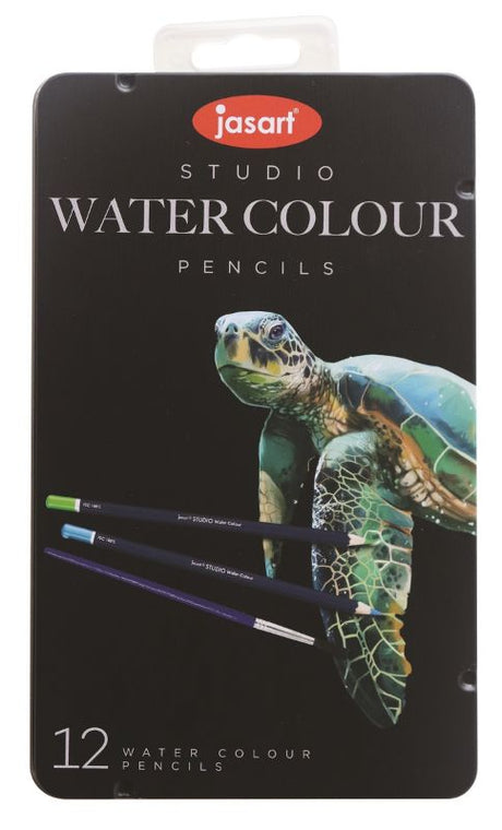 Vibrant set of 12 aquarellable watercolour pencils in a tin, made from FSC certified wood for artists.