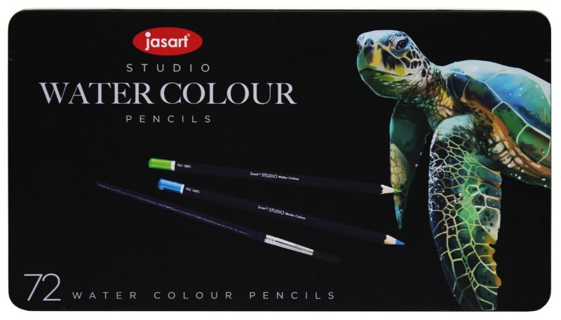 Set of 72 eco-friendly watercolour pencils in a metal tin, perfect for blending dry or wet techniques in artistic creations.