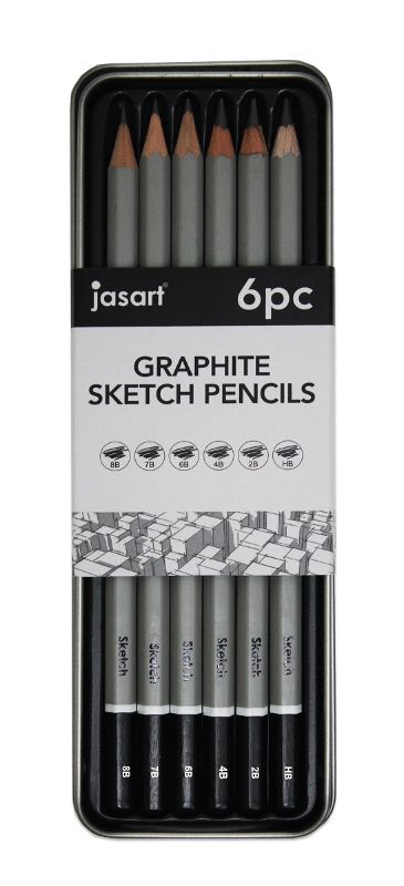 JASART Studio Quality Sketching Pencil Tin with 6 premium pencils (HB to 8B) for precise, durable, and versatile drawing.