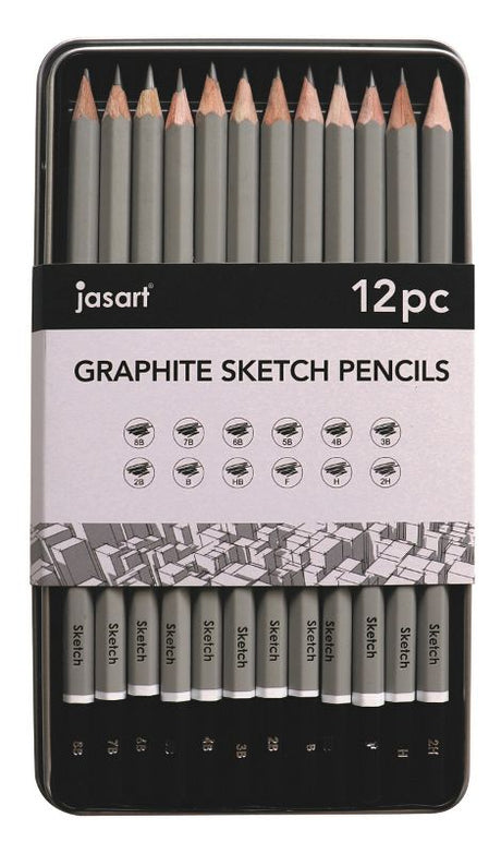 Tin of 12 Jasart sketching pencils in various hardnesses, crafted for smooth sharpening and reduced breakage, FSC certified.