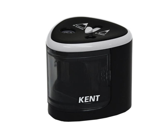 KENT Battery Dual Hole Sharpener for pencils 6-12mm, features dual holes, precise sharpening, and safety switch.