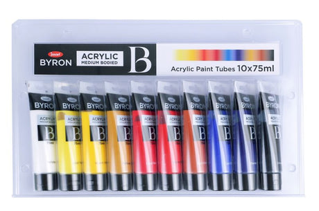 Vibrant JASART BYRON 75ml acrylic paint set of 10 tubes, perfect for mixed media, with non-toxic, medium-bodied, rich colors.