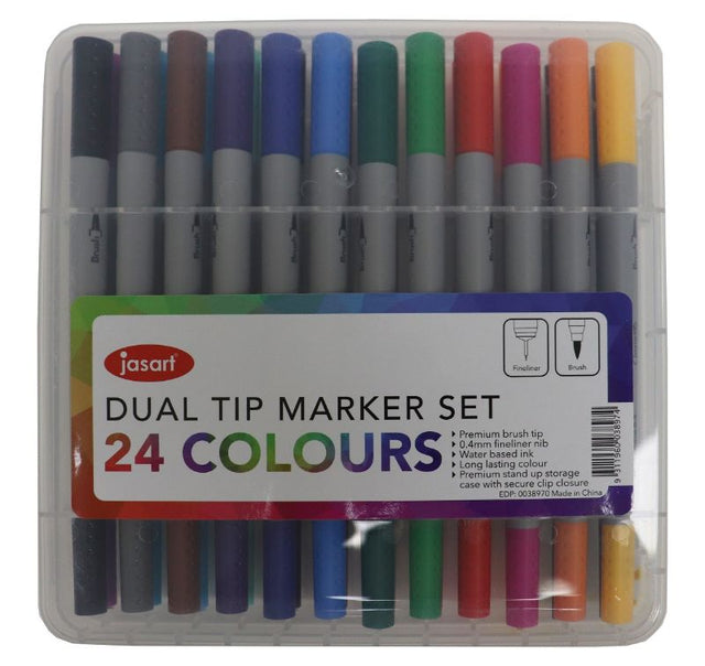 JASART Dual Nib Brush Fineliner Set - 24 vibrant water-based markers for versatile calligraphy, drawing, and journaling.