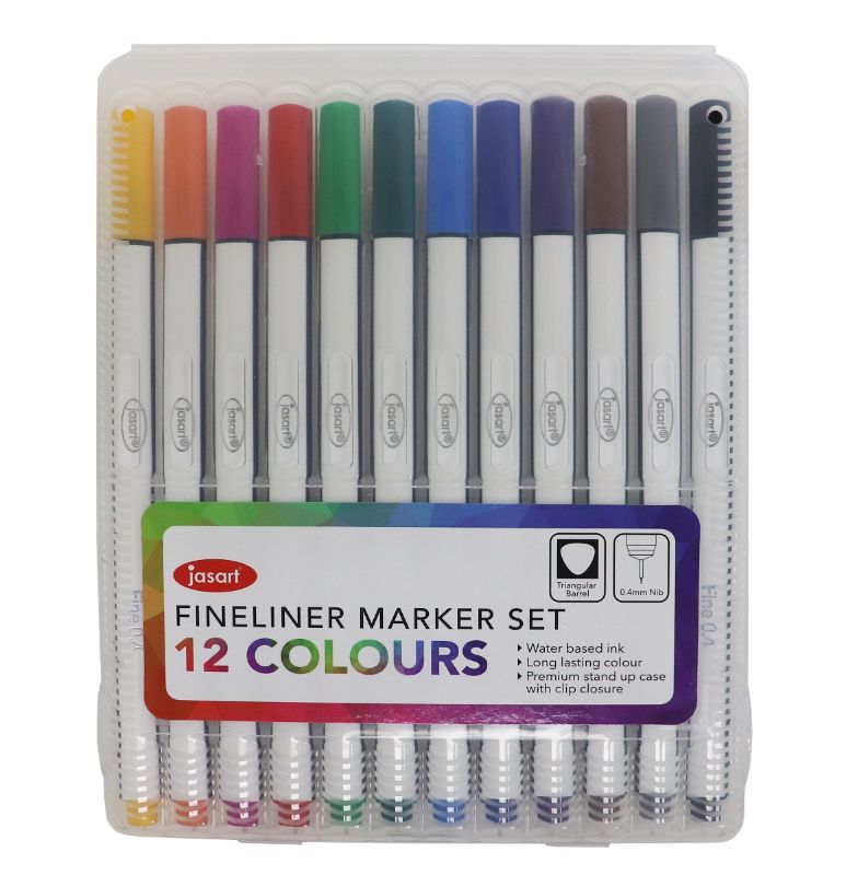 JASART Fineliner 0.4mm set of 12 vibrant markers in a premium case, perfect for detailed art and note-taking.