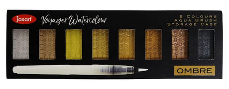 JASART Voyager Watercolour Metallic Set with 8 vivid shimmer pans and aqua brush for vibrant, ombre effects on all papers.