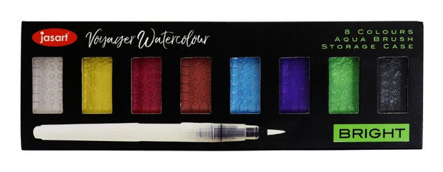 JASART Voyager Watercolour Metallic Set includes 8 vibrant metallic pans and an aqua brush for stunning art on any paper.