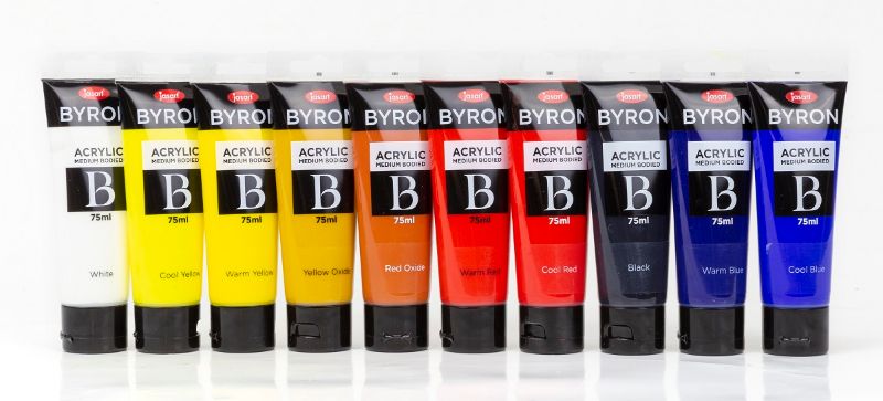 A 75ml tube of JASART BYRON acrylic paint in vibrant black, ideal for various surfaces and non-toxic crafting.