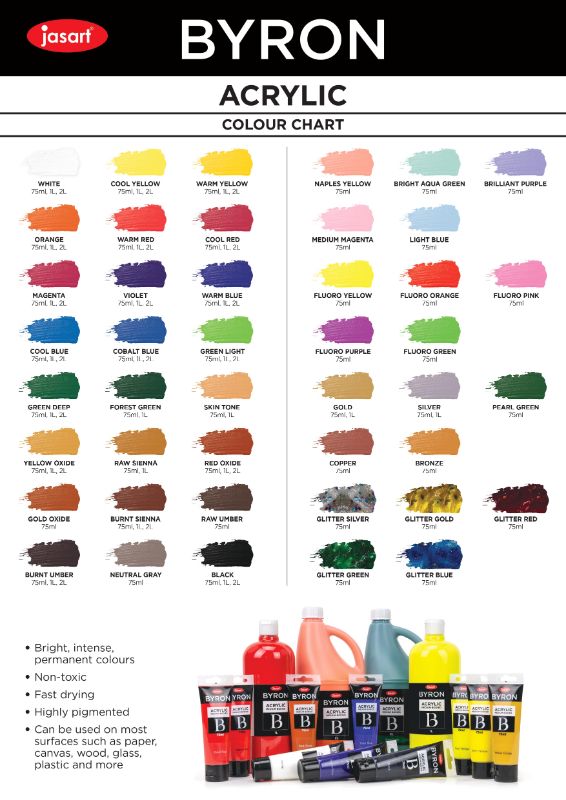 2-litre bottle of Jasart Byron Acrylic Paint in warm red, perfect for artists with vibrant, non-toxic, and versatile application.