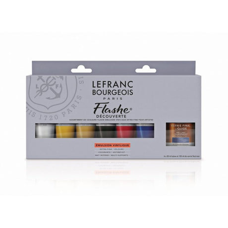 Acrylic Discovery Set of 6 paints in vibrant colors with 120ml varnish for versatile, high-quality art creation.