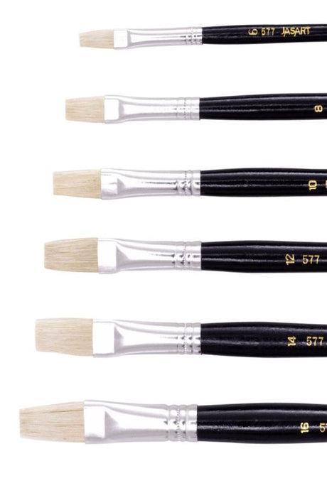 Jasart Hog Bristle Series 577 Flat Brush (Size 6) for precision painting with durable soft bristles and seamless ferrules.