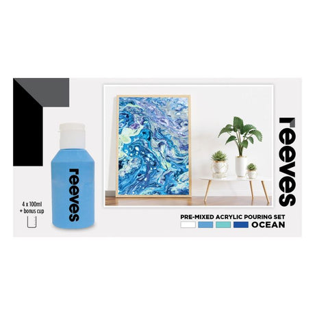 Set of 4 ocean-inspired acrylic pour paints in vibrant colors, ready to use with a bonus pouring cup for easy application.