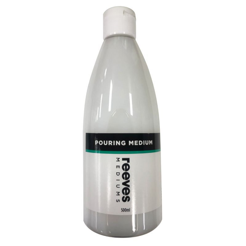 Reeves 500ml Pouring Medium bottle for vibrant fluid art and marble effects with acrylic paints, ideal for all acrylic surfaces.