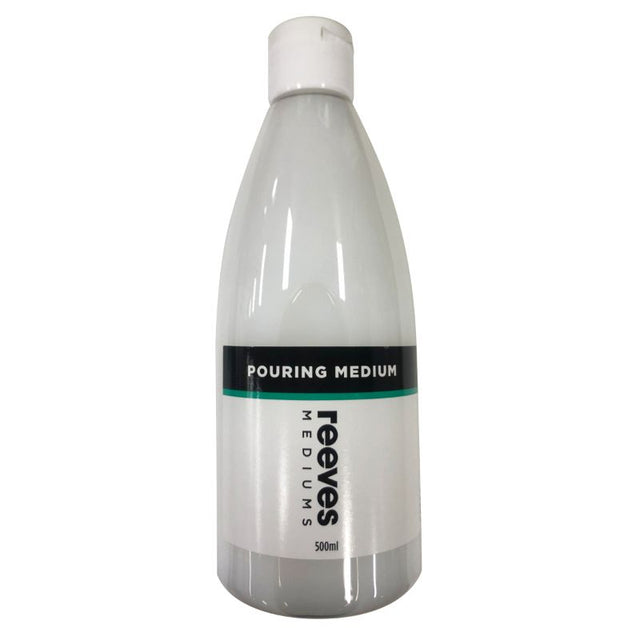 Reeves 500ml Pouring Medium bottle for vibrant fluid art and marble effects with acrylic paints, ideal for all acrylic surfaces.