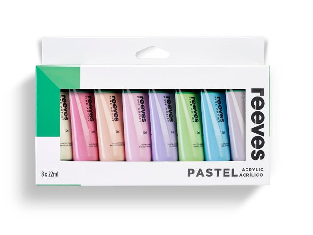 Reeves Artists' Acrylic Set, 22ml tubes of 8 vibrant pastel paints, ideal for versatile creative projects on multiple surfaces.