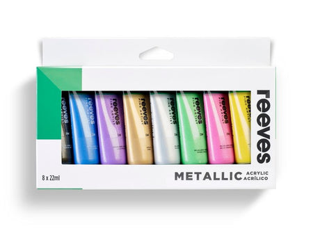 Reeves Artists' Acrylic Set featuring 8 metallic colors in 22ml tubes, perfect for vibrant artwork on various surfaces.