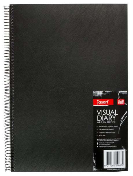 Jasart Single Wire Visual Diary A4 with 110gsm acid-free paper, ideal for sketching and creative projects, FSC certified.