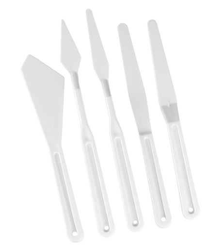 Set of 5 Jasart palette knives in molded plastic, perfect for mixing, spreading, and creating textures in various artworks.