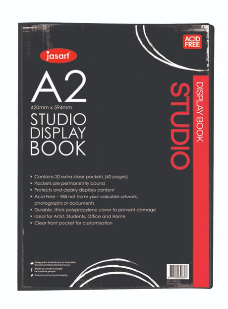 Jasart Studio Display Book (A2) with front pocket, acid-free pages, ideal for presentations and showcasing artwork.