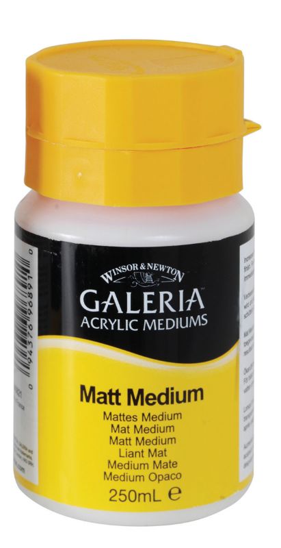 A 250ml pot of Winsor & Newton Galeria Matt Acrylic Fluid Medium for enhancing durability and vibrancy in acrylic paintings.