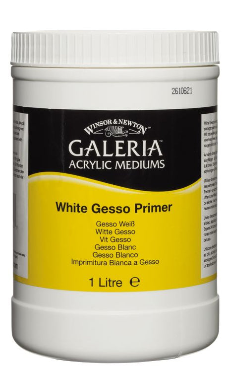 Winsor & Newton Galeria Gesso Primer in white, 1 Litre, enhances canvas surfaces for vibrant acrylic and oil paintings.