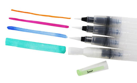 Refillable medium flat brush for watercolor effects, featuring soft bristles, removable cap, and portable design.