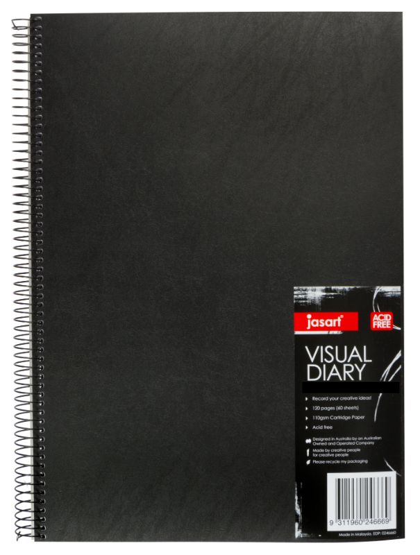 Jasart A5 Visual Diary featuring durable wire binding and 110gsm acid-free paper, perfect for sketching and layouts.