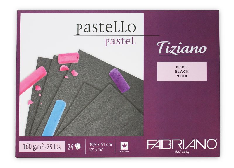 Fabriano Tiziano Black Pastel Paper Pad, 30.5x41cm, 24 sheets, 160gsm, ideal for various media and long-lasting artistry.