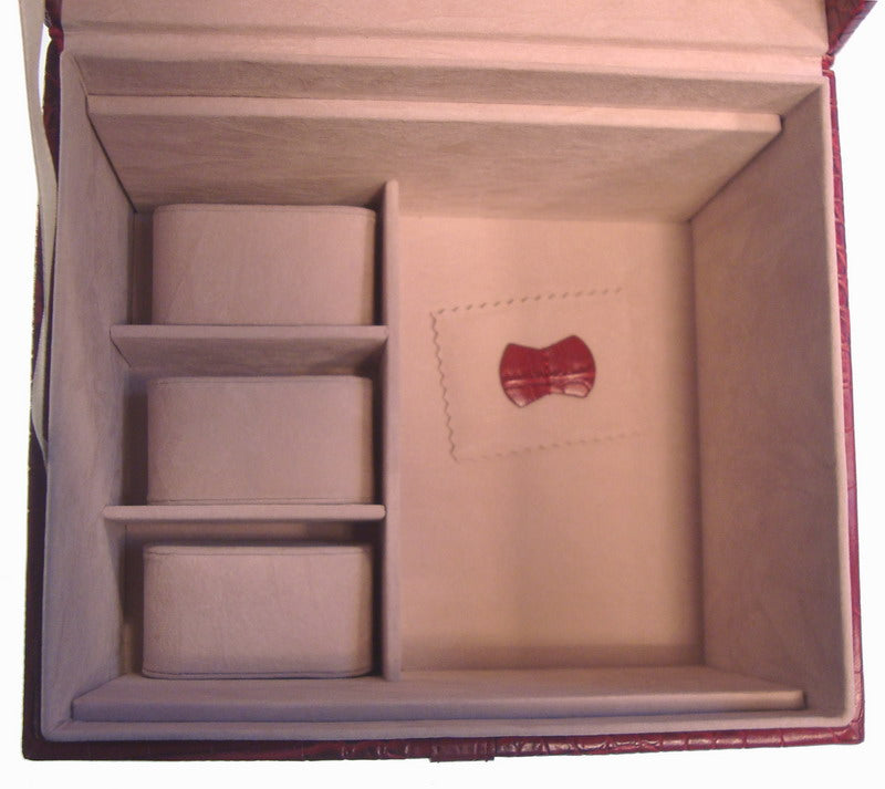 Elegant jewellery box with handle, large compartment, and soft velvet lining for organized storage and protection.