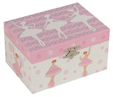 Musical jewelry box with a mirror, flocked lining, and 3 dancing ballerinas; plays "Skaters Waltz."