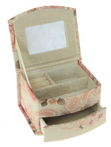 Elegant small jewellery box with a curved front, featuring compartments for rings, necklaces, and earrings, 14.5cm wide.