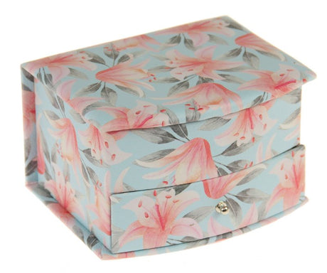 Elegant small jewellery box with a curved front design, featuring a plush interior for safe storage of accessories.