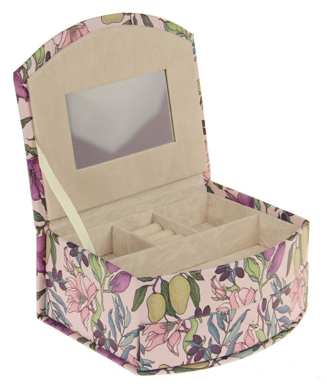 Elegant large jewelry box with floral design, curved front, soft interior, and spacious storage for necklaces and earrings.