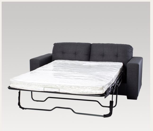 Stylish black fabric sofa bed offering seating and sleeping options, supported by a sturdy timber frame for durability.