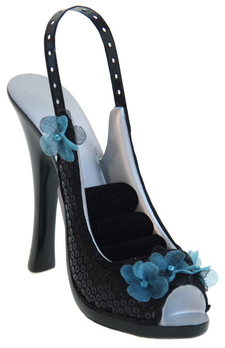 Teal high heel shoe jewelry holder elegantly displays and organizes rings and earrings, adding style to any vanity.